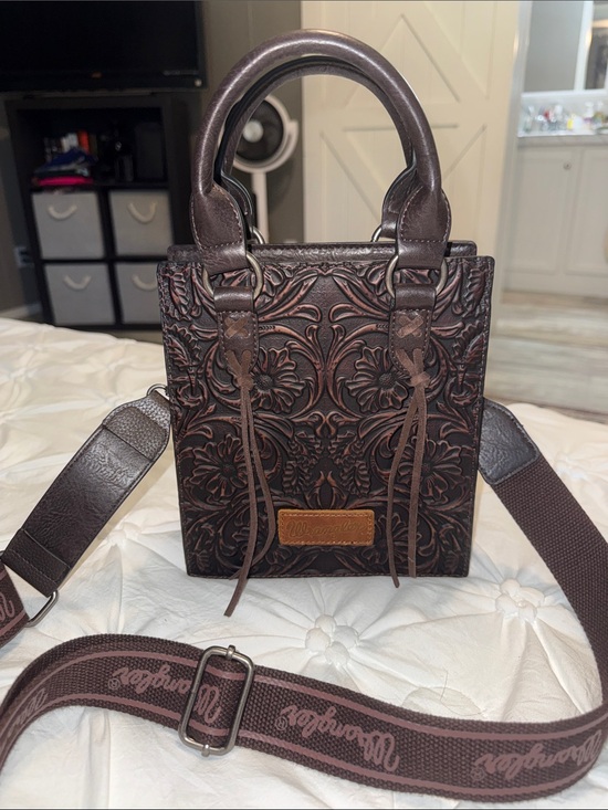 Wrangler Handbags - Tooled Leather Crossbody Bag - Brown